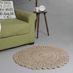 Jute Hand Crochet Rug, Natural - 3 Feet Round, Non Slip Decorative Small Area Rugs for Bedroom, Kitchen, Living Room, Nursery | Farmhouse Accent Scalloped Rustic Door Mat for Patio Décor