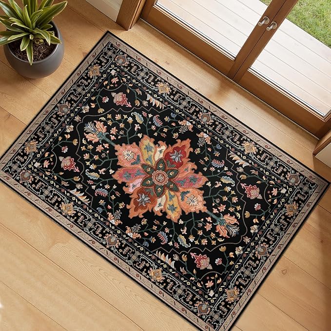 Area Rugs 2'x3' Kitchen Rugs Entry Rug Small Rugs for Entryway Kitchen Bathroom Door Mat Indoor Entrance,Washable Non Slip, Black Colorful Floral Dark Tan
