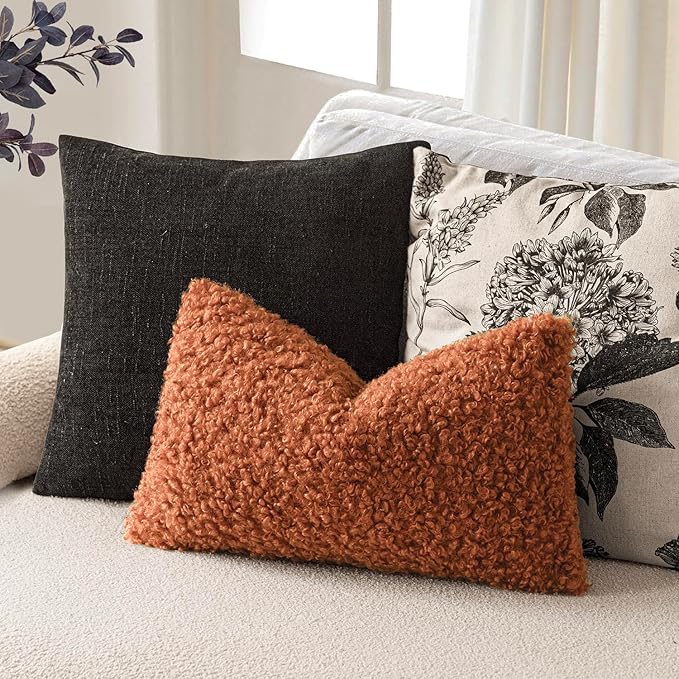 Foindtower Set of 2 Curly Teddy Wool Pillow Covers Decorative Boucle Textured Lumbar Throw Pillow Faux Fur Sherpa Pillowcases Sheepskin Fuzzy Cushion Case for Sofa Bedroom Car 12"x20" Burnt Orange