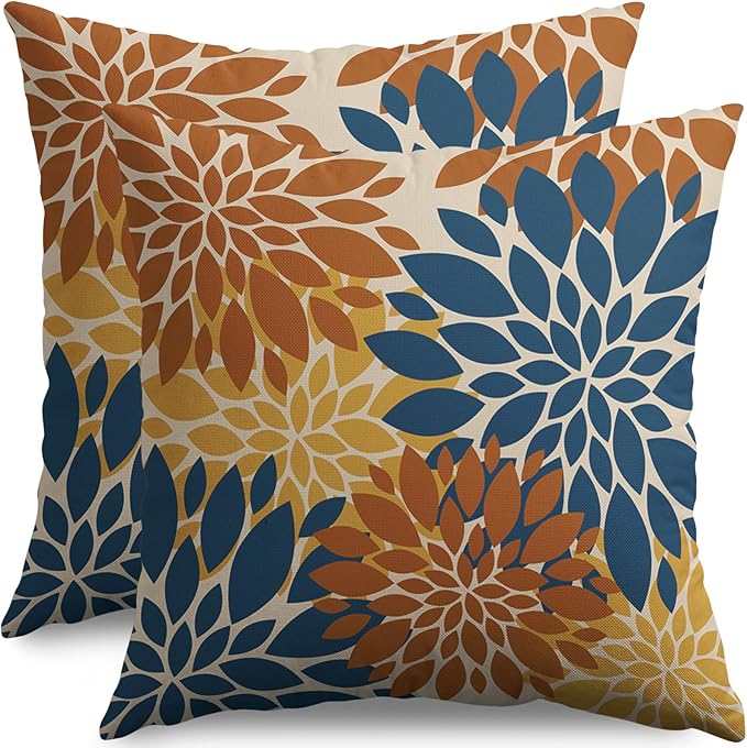Blue Orange Yellow Pillow Covers 16X16 Inch Set of 2, Fall Colored Modern Geometry Dahlia Floral Print Decorative Throw Pillow Covers Outdoor Farmhouse Cushion Case for Couch Sofa Bed Decor