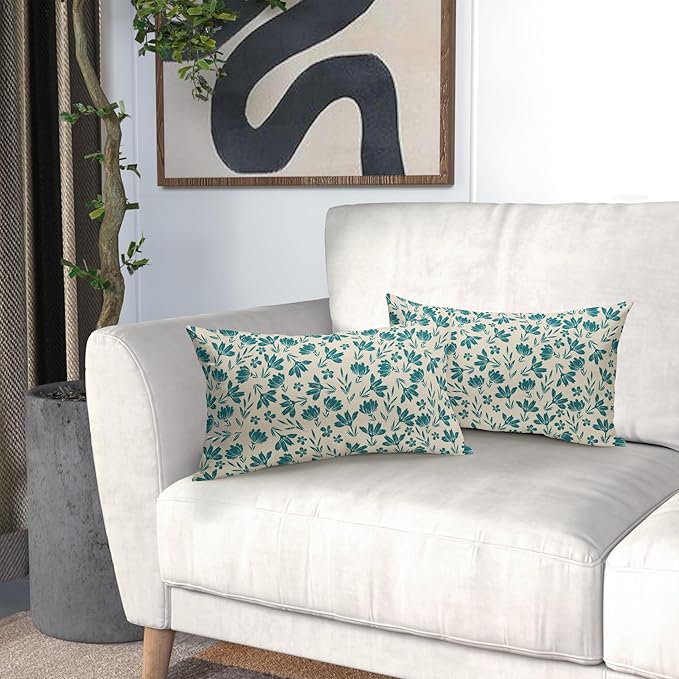 Teal Floral Pillow Covers 12x20 Set of 2 Vintage Rustic Old Style Cute Small Flower Blue Green Cream Print Decorative Outdoor Pillowcases Farmhouse Throw Cushion Case Decor for Couch Sofa Bed