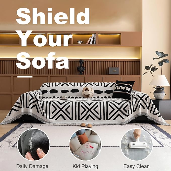 VClife Bohemian Couch Cover Western Aztec Sofa Cover for 3 Cushion Couch Sofa Washable Chenille Sofa Slipcover Boho Non Slip White Black Geometric Couch Slip Cover for Sectional Sofa 71''x134''