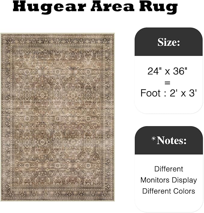 HUGEAR 2x3 Entryway Area Rug Vintage Brown Small Rug Machine Washable Door Mat Retro Floral Low Pile Carpet Vacuumable Distressed Throw Rug Entrance Kitchen Bathroom Bedroom Non Slip Lightweight