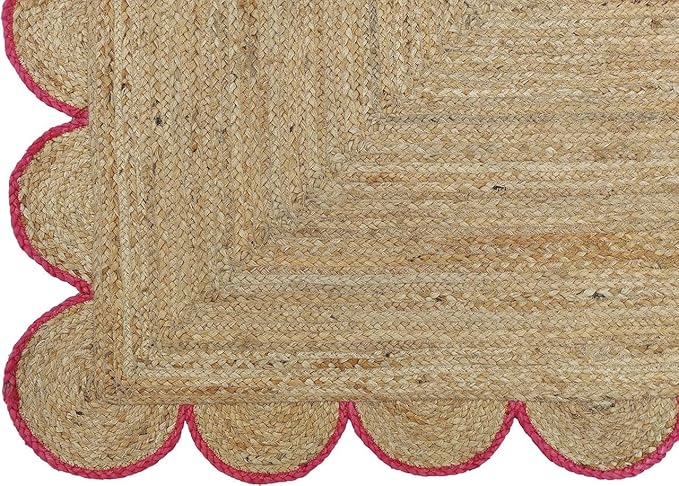 Weaving Cottage Scalloped Natural Jute Area Rug | Beige & Red, 2X3 FT Handwoven Jute Doormat | Eco-Friendly, Durable, and Stylish | Perfect for Living Room, Bedroom, and Entryway