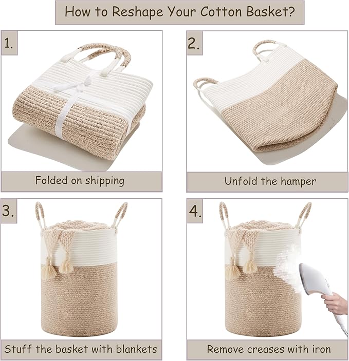 60L Hamper Laundry Basket Tall Woven Clothes Hamper for Baby Girls Nursery Kids Cotton Rope Blanket Basket in Living Room Bathroom Bedroom Brown 15Dx20H inches Large