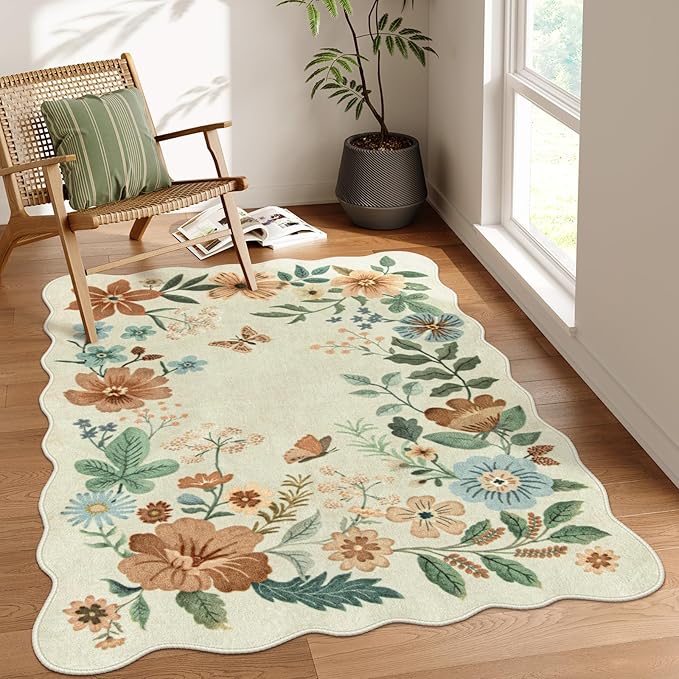Lahome Floral Bedroom Rug,4x6 Washable Area Rugs for Living Room Dining Room, Non Slip Ultra-Thin Stain Resistant Boho Throw Carpet for ‎Office Flore (4x6ft,Beige)