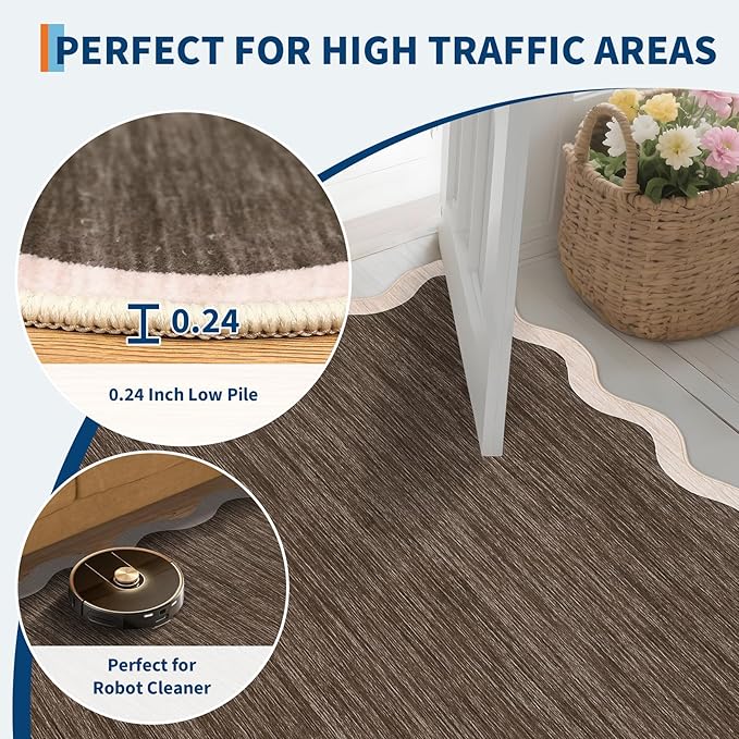 GarveeHome Scalloped Washable Area Rugs 5x7 Rug for Living Room Modern Non Slip Throw Rugs Brown Rug Soft Bedroom Rugs Non Shedding Low Pile Stain Resistant Carpet for Dining Room Nursery 5'x7' Brown
