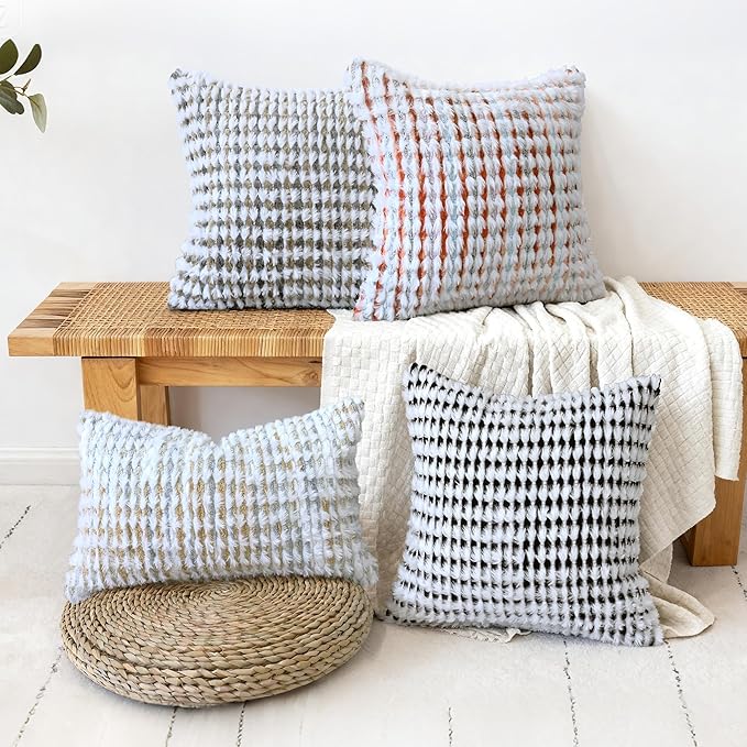 Boho Chenille Tufted Pillow Cover 20x20 Inch Set of 1, Farmhouse Striped Decorative Pillow Covers Accent Fluffy Neutral Square Pillowcases for Couch Sofa Bedroom Living Room, Black White
