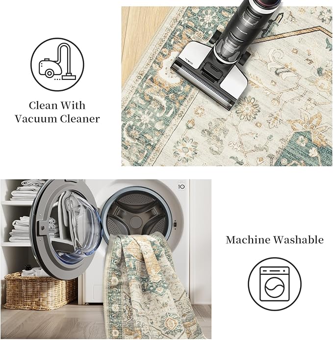 8x10 Area Rugs for Living Room, Vintage Washable Rug with Non-Slip Backing, Stain Resistant Large Area Rug for Dining Room, Soft Rugs for Bedroom (Green/Light Grey, 8'x10')