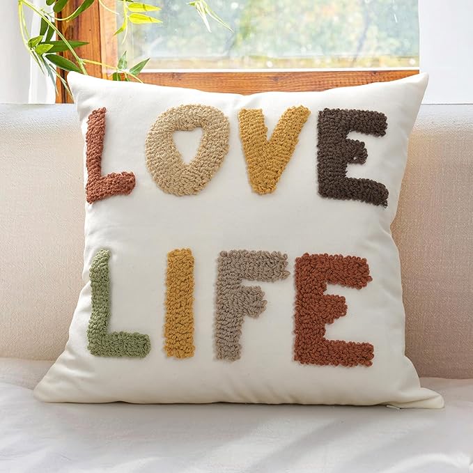 "Love Life Boho Pillow Covers 18X18 Inch Decorative Words Tufted Throw Pillow Covers Farmhouse Pillow Case for Couch Sofa Bed Living Room Bedroom, Rust/Mustard/Brown