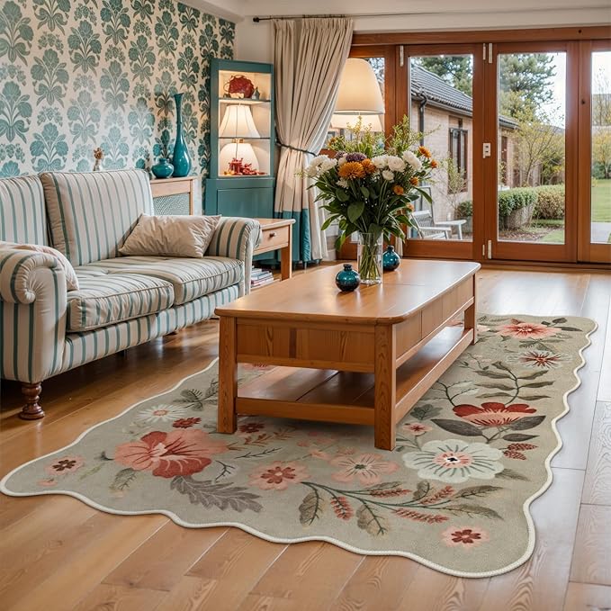 Lahome Floral Washable Rugs for Bedroom, 4X6 Area Rug Ultra-Thin Soft Living Room Rug, Non-Slip Classroom Stain Resistant Lightweight Boho Low-Pile Throw Carpet for ‎Office Flore, Brown