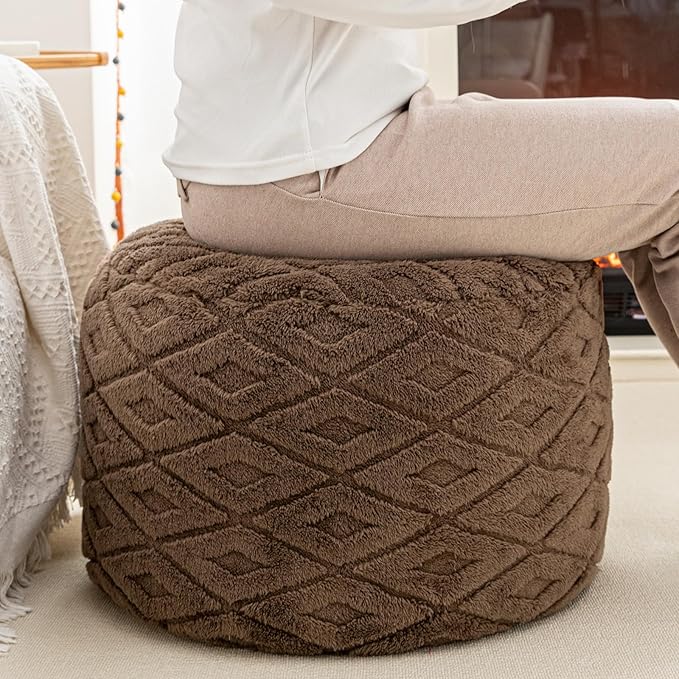 Round Pouf Ottoman 20 x 20 x 14 Inches Boho Poof Home Decor Floor Pouffe Ottoman Foot Rest for Couch Sofa Bean Bag Chairs Living Room Bedroom (Dark Coffee)