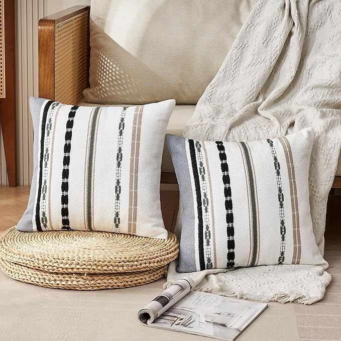 Boho Chenille Throw Pillow Covers 18x18 Inch Square Farmhouse Decorative Pillow Covers Set of 2, Beige Striped White Couch Protectors Soft Pillowcase Covers with Zipper for Sofa Bed