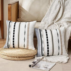 Boho Chenille Throw Pillow Covers 18x18 Inch Square Farmhouse Decorative Pillow Covers Set of 2, Beige Striped White Couch Protectors Soft Pillowcase Covers with Zipper for Sofa Bed