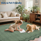 GarveeHome 5x7 Scalloped Area Rug Green Washable Rugs for Living Room Bedroom, Soft Low Pile Non Slip Accent Floor Mat Solid Floral Print Throw Rug Farmhouse Indoor Carpet for Dorm Playroom