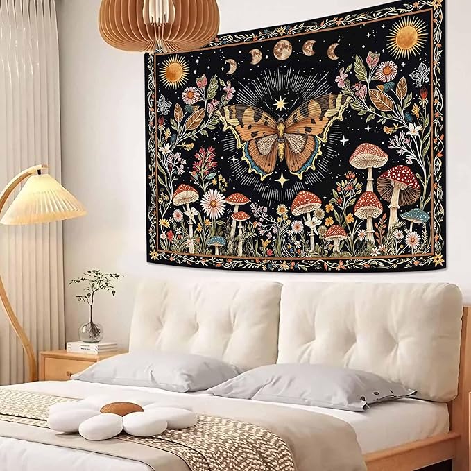 Accnicc Boho Butterfly Tapestry Mushroom Sun and Moon Hippie Wall Tapestry for Bedroom Aesthetic Vintage Floral Plant Small Tapestries Wall Hanging for Dorm Living Room Decor 48 x 36 Inch
