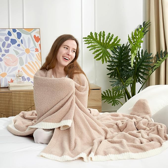 Snuggle Sac Beige Bedding Blankets Queen Size 90x90 inches, Reversible Microfiber Fluffy Fuzzy Soft Throw Cozy Knit Blanket for Women Mothers Birthday Gifts