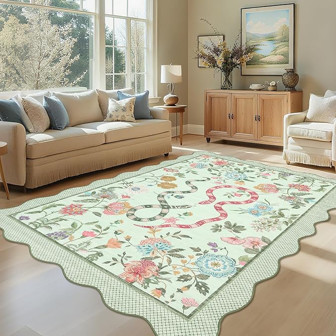 GarveeHome Washable 8x10 Rug for Bedroom Rugs Modern Area Rug Non-Slip Low Pile Dorm Home Carpet Stain-Resistant Flower Rug for Dining Room Kids Room Living Room
