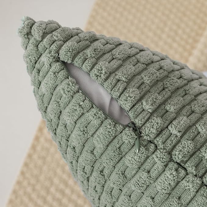 Kevin Textile 14x20 Inch Pillow Cover 1 Pack Boho Decorative Soft Striped Corduroy Lumbar Farmhouse Color Accent Rectangle Cushion Case for Living Room Couch Sofa Bed, Greyish Green