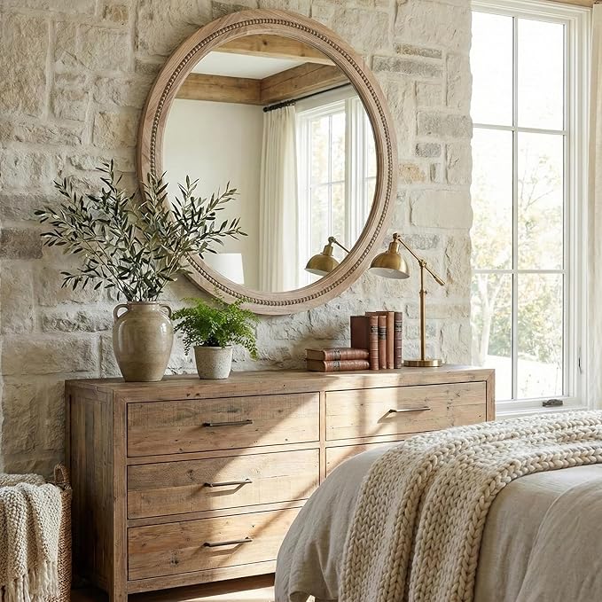 36" Large Round Wood Mirror for Living Room Fireplace, Big Solid Wood Wall Mirror - Oversized Boho Beaded Circle Mirror for Entryway Console & Dining Room