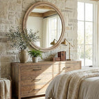 36" Large Round Wood Mirror for Living Room Fireplace, Big Solid Wood Wall Mirror - Oversized Boho Beaded Circle Mirror for Entryway Console & Dining Room