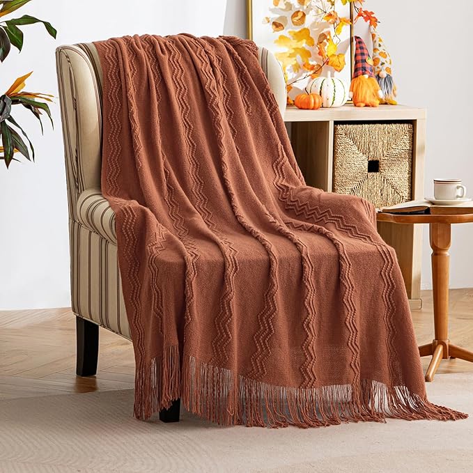 MIULEE Orange Knitted Throw Blanket for Couch Boho Terracotta Rust Textured Cozy Woven Blanket with Tassels for Sofa Chair Bed Living Room Acrylic Wave Pattern 60"x80"