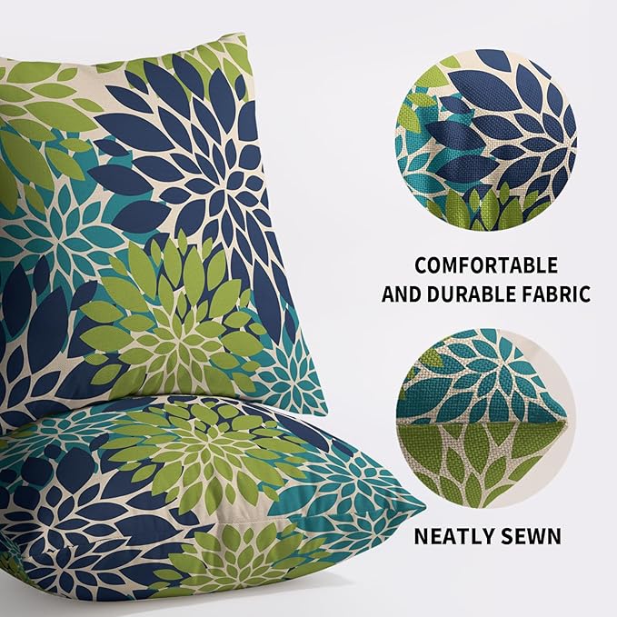 Navy Blue Green Teal Pillow Covers 20X20 Inch Set of 2, Modern Geometry Dahlia Floral Print Decorative Throw Pillow Covers Outdoor Farmhouse Cushion Case for Home Couch Sofa Bed Decoration