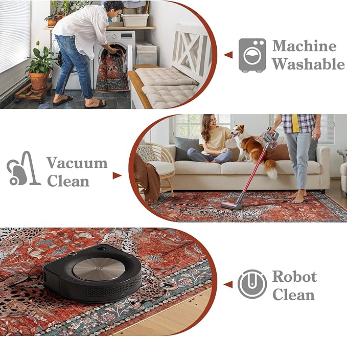 Moynesa Leopard Washable Rugs, 8x10 Area Rugs for Living Room, Soft Large Vintage 8x10 Bedroom Rug, Botanical Non Slip Ultra Thin Floor Carpet for Dining Room Home Office, Rust