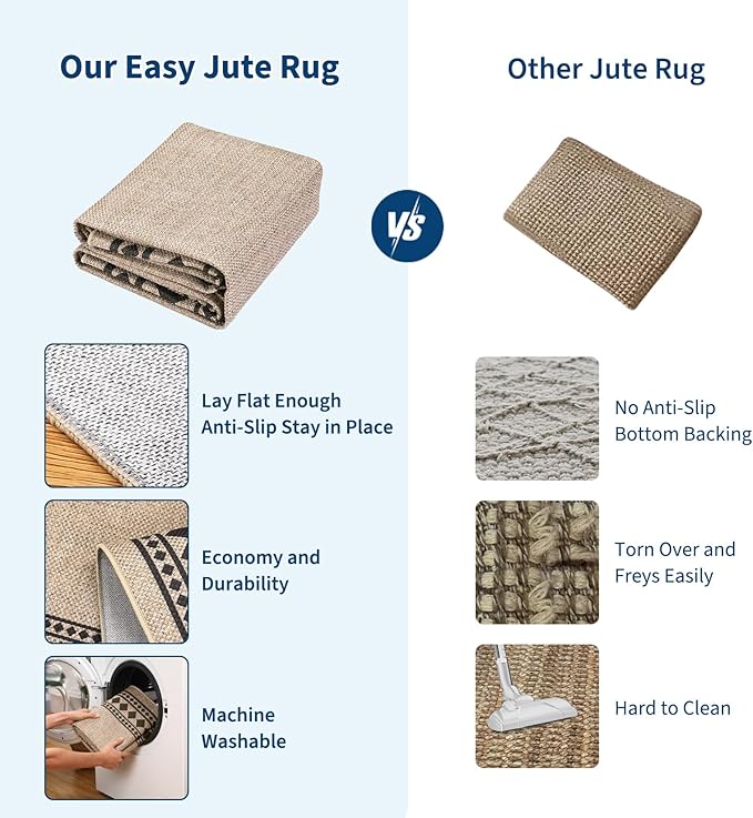 GarveeHome Solid Bordered Easy Jute Rug 5x7 Washable Jute Rugs for Living Room Patio Farmhouse Indoor Outdoor Rug Non Slip Non-Shedding Neutral Rugs for Patio Backyard Dining Room Bedroom, Natural