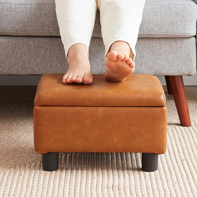 Small Foot Stool Under Desk Foot Stools Ottoman Footstool Foot Stools Small Footstools Foot Stool for Living Room Foot Rest 15" W x 12" D x 9.5" H Faux Leather Brown