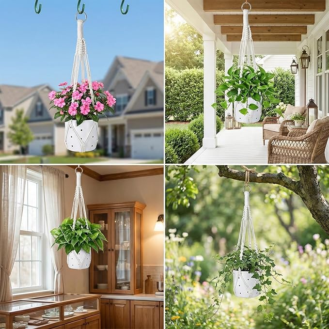 Macrame Plant Hanger, 2 Pcs Boho Hanging Planters for Indoor Outdoor, Decorative Braided Cotton Rope Flower Pot Hanging Plant Holder with Metal Rings