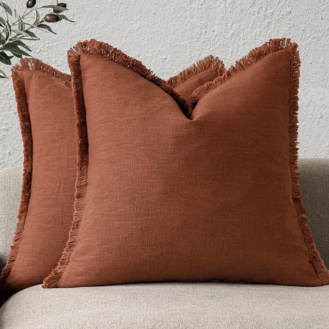 Foindtower Set of 2 Decorative Linen Fringe Throw Pillow Covers Boho Farmhouse Cushion Cover with Tassels Soft Accent Pillowcase for Couch Sofa Bed Living Room Home Decor, 26×26 Inch, Fall Rust Orange
