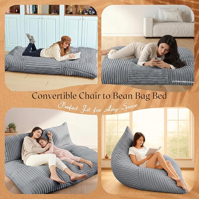 Honeydak 3 in 1 Giant Bean Bag Chair Cover Only (No Filler) Convertible Bean Bag Lazy Floor Sofa Cover Without Filling Washable Versatile Stuffed Animal Storage for Bedroom Living Room (Light Grey)