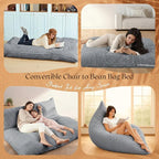 Honeydak 3 in 1 Giant Bean Bag Chair Cover Only (No Filler) Convertible Bean Bag Lazy Floor Sofa Cover Without Filling Washable Versatile Stuffed Animal Storage for Bedroom Living Room (Light Grey)