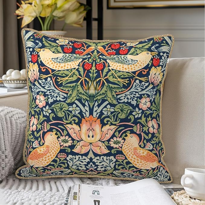 KSLIDS Navy Blue Sage Green Soft Velvet Throw Pillow Covers Set of 2 Red Strawberry Floral Bird Decorative Pillow Covers 16x16 Inch Vintage Chinoiserie Pillow Case for Sofa Couch Farmhouse Home Decor