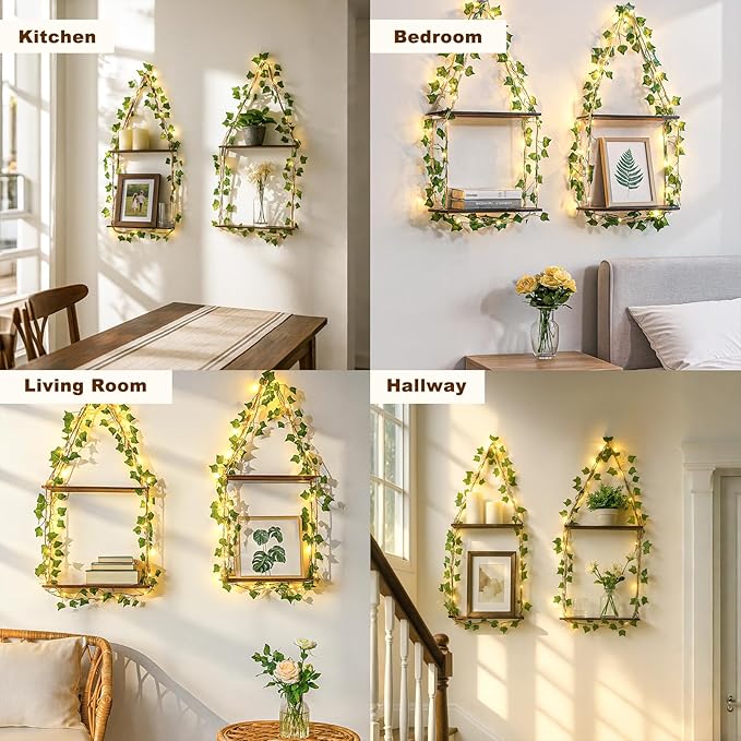Artilady 2 Pack Artificial Ivy Macrame Hanging Shelves with Lights Boho Wall Decor, 2 Tier Wood Flaoting Shelf Plant Storage Rack for Bedroom Bathroom Living Room Nursery