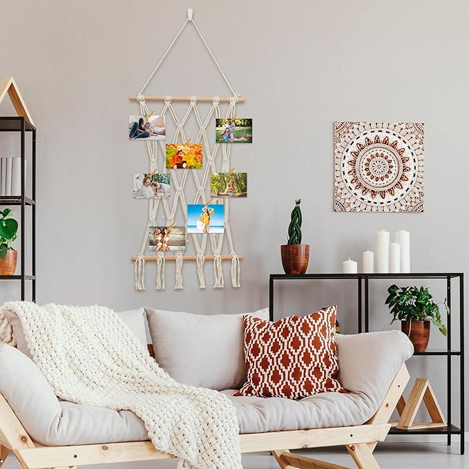 Hanging Photo Display Wall Decor Macrame Wall Hanging Boho Collage Picture Frames Decor for Dorm Bedroom Living Room Teen Girl Gifts-B