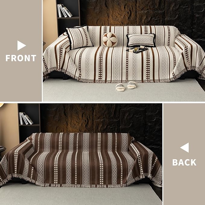 Striped Couch Cover Blankets, Boho Couch Covers, Sofa Blanket Cover for Dogs, Medium Couch Covers for Recliner and Chair, Chenille Sofa Covers Washable Sectional(1pc/Brown/59×71")