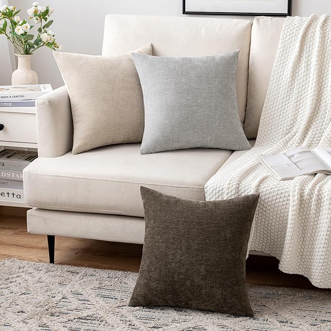 MIULEE Pack of 2 Beige Decorative Pillow Covers 20X20 Inch Soft Chenille Couch Throw Pillows Farmhouse Cushion Covers for Home Decor Sofa Bedroom Living Room