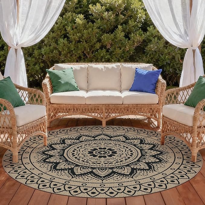 Outdoor Round Rug 6ft, Easy Jute Rug Washable Indoor Outdoor Patio Rug, Non Slip Round Area Rug Farmhouse Front Door Mat,Boho Lightweight Carpet for Backyard Patio Entry(Black, 6 Ft)