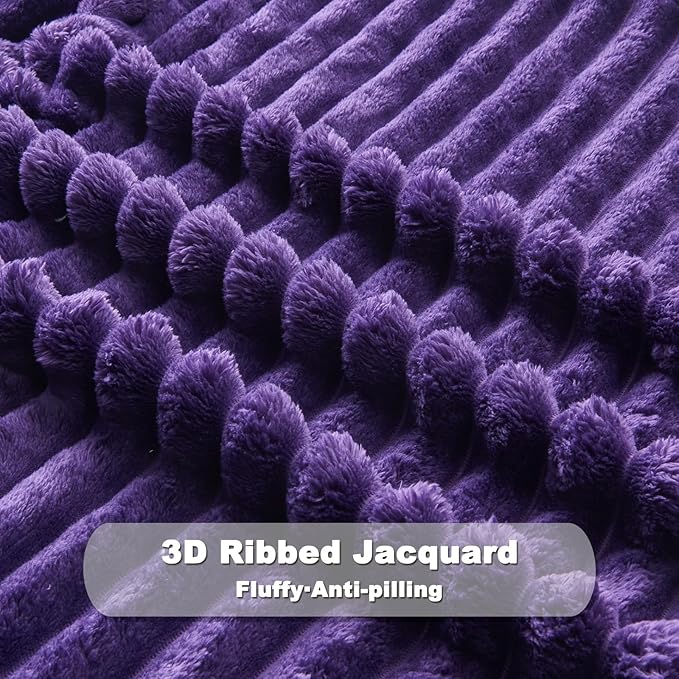 NEWCOSPLAY Super Soft Twin Blanket Purple Premium Silky Flannel Fleece 3D Ribbed Jacquard Lightweight Bed Blanket All Season Use (Purple Ribbed, Twin(60"x80"))