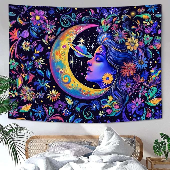 Accnicc Purple Sun and Moon Tapestry for Bedroom Hippie Boho Floral Flower Plant Wall Tapestry Aesthetic Celestial Star Large Tapestries Wall Hanging for Living Room Dorm 80 x 60 Inch