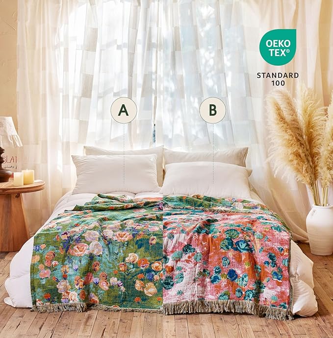 Boho Throw Blanket - 100% Cotton Throw Blankets for Bed Couch, 60"x80" Soft Muslin Lightweight Spring Throw Blanket, Cozy Floral Plant Printed Bohemain Bedding Decor Green Throw Quilt
