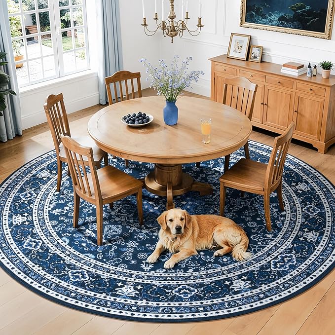 Lessymo Washable 8FT Round Area Rugs for Living Room, Non Slip Circle Rugs Low Pile Vintage Carpet for Bedroom, Dining Room, Nursery, Home Office, Blue White