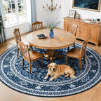 Lessymo Washable 8FT Round Area Rugs for Living Room, Non Slip Circle Rugs Low Pile Vintage Carpet for Bedroom, Dining Room, Nursery, Home Office, Blue White