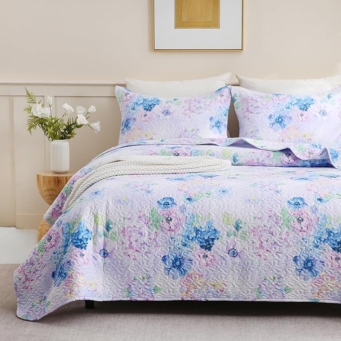 JSD Hydrangea Floral Quilt Set Twin Size, 2 Piece Printed Bedspreads Coverlet with Pillow Sham, Lightweight Quilted Blanket