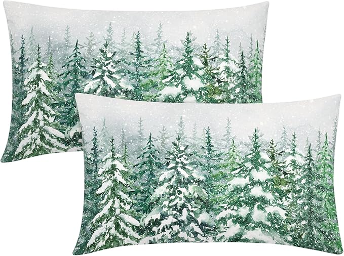 Kawani Green Pine Tree Lumbar Pillow Covers 12X20 Inch Winter Forest Snowflake Decorative Pillow Cases Set of 2 Christmas Holiday Throw Pillows for Cushion Sofa Couch Outdoor