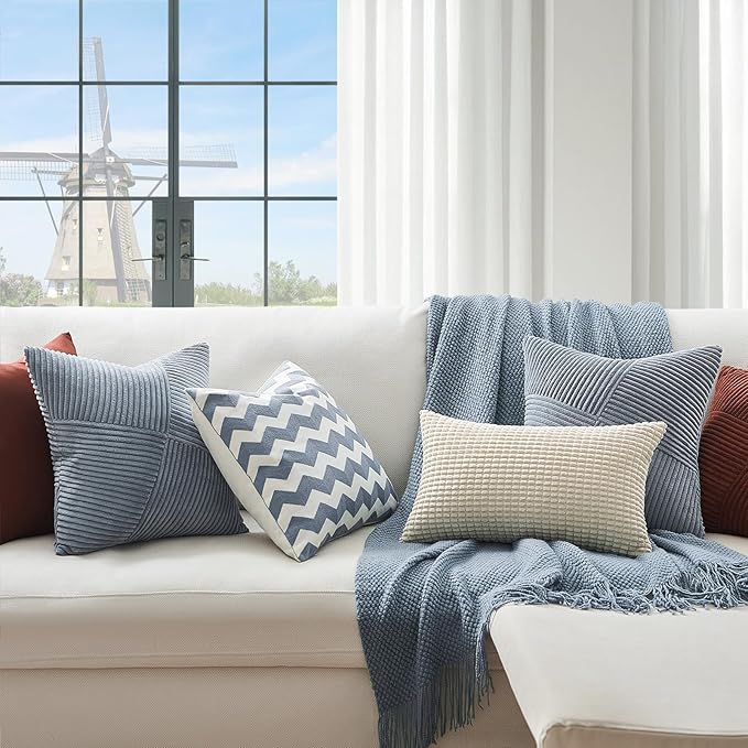 Topfinel Dusty Blue Throw Pillow Covers 16x16 Set of 2, Soft Corduroy Couch Decorative Pillow Covers Windmill Textured Striped Patchwork Cushion Cover for Bedroom Living Room Boho Home Decor