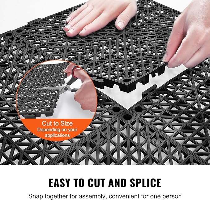 VEVOR Interlocking Tile 50PCS Black, Drainage Tiles 12" x 12" Splicing, Soft PVC Interlocking Drainage Floor Tiles, Non-Slip Drainage Holes for Restroom, Bathroom, Kitchen, Pool, Wet Areas