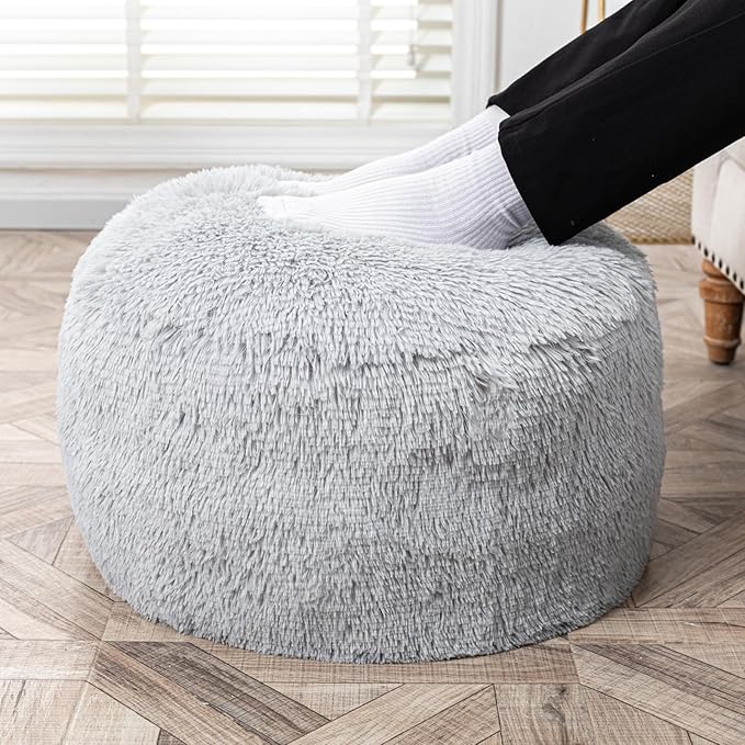 Asuprui Fur Ottoman Stool Unstuffed Footstool Cover Floor Pouf Foot Rest No Filler 20x20x12 Inches Round Poof Seat Foldable Floor Chair Storage for Living Room Bedroom Misty Gray Pouf Cover